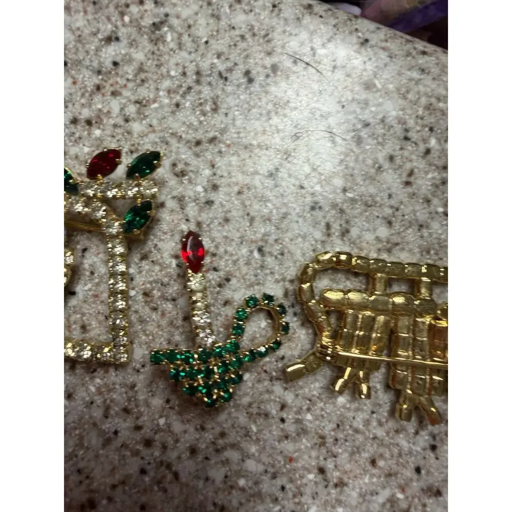 Vnt Multi-Color Prong Set Rhinestone Christmas Gold Tone Pin Brooch Lot Of 5